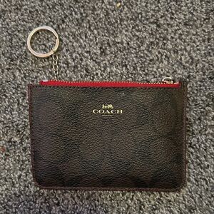 Coach Black Leather Coin Pouch with Red Zip and Key Ring